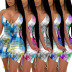Drawstring bag hip deep V-neck tie-dye print sexy slim dress NSBTY56986