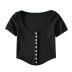 round neck hem curved buttoned short T-shirt NSAC57309