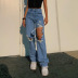 Straight High Waist Asymmetrical Ripped Jeans Trousers NSRUI57727