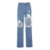 Straight High Waist Asymmetrical Ripped Jeans Trousers NSRUI57727