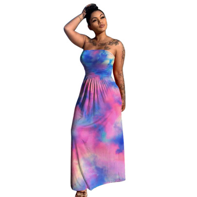 Hot Sale Summer New Style Printed Tie-dye Wrap Breast Dress NSMYF57838