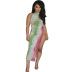 tie-dye printed mesh see-through short sleeve split dress NSMYF57846