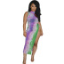 tie-dye printed mesh see-through short sleeve split dress NSMYF57846