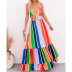 Rainbow Stripe Print Lace Stitching Deep V Strap Long Dress NSJIM55026