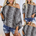 leopard print oblique collar strapless short sleeve casual style T-shirt NSZH57911