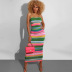 Rainbow Digital Print Wrapped Chest Long Turtleneck Mini Dress NSJYF58049