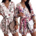Flower Pritn Long Sleeve V-Neck Pleated Dress NSJIM58438