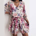 Flower Pritn Long Sleeve V-Neck Pleated Dress NSJIM58438