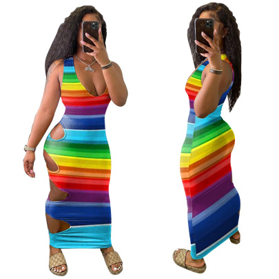 Tie-dye Rainbow Strip Sleeveless Suspender Dress NSWT59297