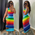 Tie-Dye Rainbow Strip Sleeveless Suspender Dress NSWT59297