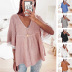summer new hot style solid color V-neck lace stitching short-sleeved t-shirt NSLZ59386