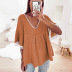 summer new hot style solid color V-neck lace stitching short-sleeved t-shirt NSLZ59386
