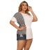 plus size casual round neck plaid stitching irregular hem long short-sleeved T-shirt NSJR59637