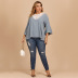 Plus Size sleeve Lace Crochet Stitching V-Neck Solid Color Loose Top NSJR59645
