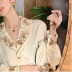 retro v-neck lantern long sleeve embroidery shirt  NSYIS54748