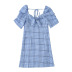 blue plaid knotted slim puff sleeve high waist dress  NSAM54620