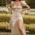 Square Neck Puff Sleeve High Split Big Swing Floral Dress NSYIS54948