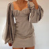 solid color folds lantern long sleeve short dress NSMEI54910