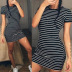 black and white striped round neck short sleeve bag hip dress NSHEQ55258