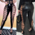 black fashion sexy casual cross tie-up hollow trousers NSYMA55304