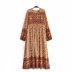 loose cotton print lace-up fringed long-sleeved dress  NSAM55369