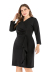Plus size v-neck black long-sleeved bag hip dress  NSLIB55587