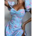Floral Puff Sleeve Short Skirt High-Waisted Thin Blue Breast-Wrapped Dress NSHHF62031