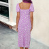 purple floral temperament square neck open back split dress NSHHF62058