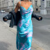 printing sling bag hip fishtail long blue dress NSHHF62068
