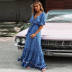 V-Neck Lace-Up Print Long Dress NSSUO62567