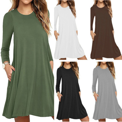 Autumn And Winter New Solid Color Long-sleeved Pocket Dress NSYKD62968