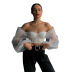new mesh see-through long-sleeved sexy flat neck wrap chest slimming navel T-shirt NSSS60208