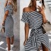 short-sleeved lace-up irregular striped printed dress  NSYD60338