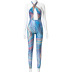 summer new style printed sexy backless mesh tight-fitting casual sports jumpsuit NSMX63877