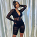 Solid Color Cutout Long Sleeve Sexy Ruched Shorts Mesh Jumpsuit NSMX63889