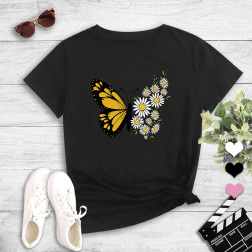 Patchwork Butterfly & Daisy Print Round Neck Slim Cotton T-Shirt NSYAY64228