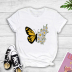 Patchwork Butterfly & Daisy Print Round Neck Slim Cotton T-Shirt NSYAY64228