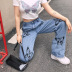 mid-waist straight butterfly hand-printed washed jeans NSJY64550
