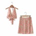 lace-up halter halter top & high-waist four-leaf clover printed skirt set NSAC60355