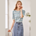 Round neck short-sleeved western-style blue love bottoming sweater NSYAY60741