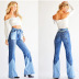 Retro High Waist Two-Color Stitching Belt Flared Jeans NSYB65106