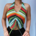 summer new sexy striped color knit printing halterneck lace halter top NSYLF65255