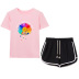 color matching sunflower puzzle print T-shirt drawstring shorts set NSYIC61288