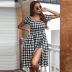 Summer Square Collar Check Waist Split Short Sleeve Dress NSSUO61657