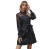 spring new black solid color high-neck stitching lace long-sleeved shirt dress NSYYF61432