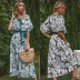summer new chiffon print v-neck lotus leaf sleeve lace long skirt dress NSYYF61449