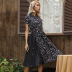 summer new short-sleeved printed lapel stitching pleated lace dress NSYYF61499