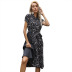 summer new short-sleeved printed lapel stitching pleated lace dress NSYYF61499