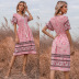 Pink Floral Lace-Up Slim Short-Sleeved V-Neck Dress NSYYF61509