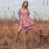 Pink Floral Lace-Up Slim Short-Sleeved V-Neck Dress NSYYF61509